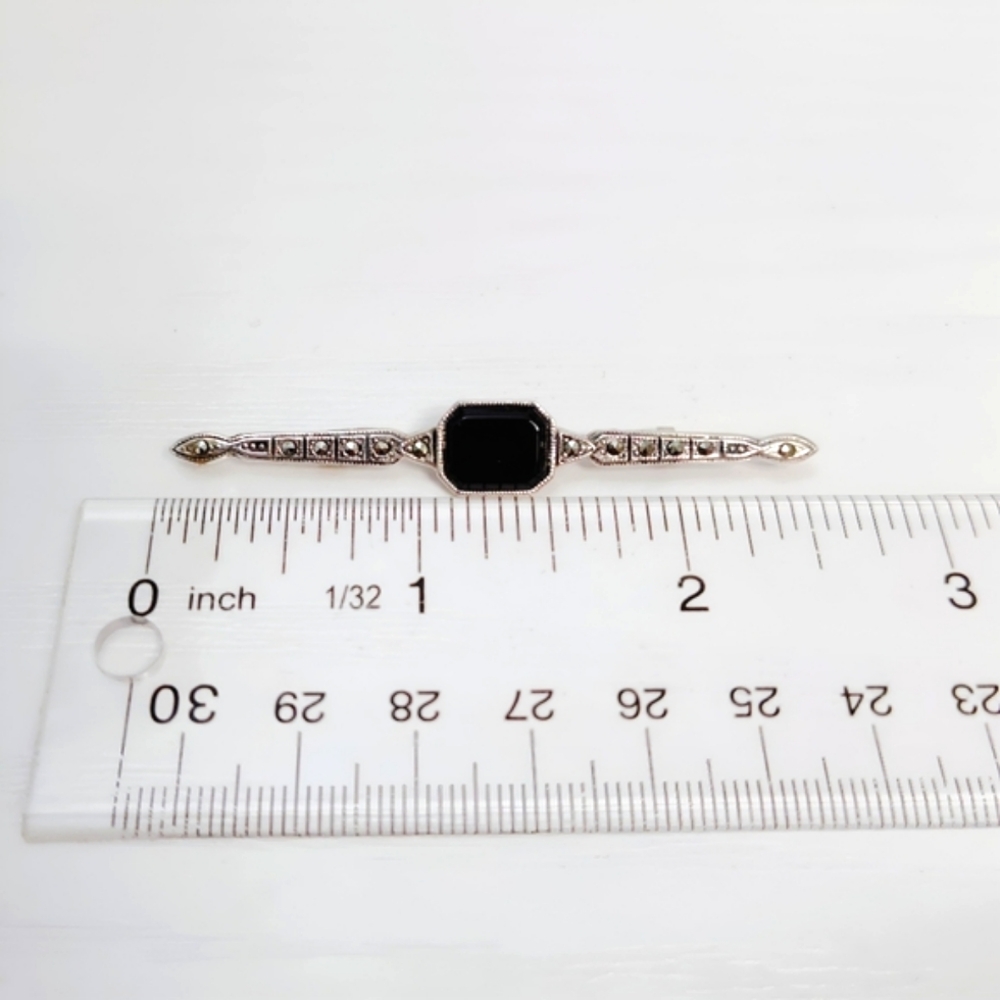 Antique Sterling Silver Black Onyx Marcasite Bar Brooch Pin - Picture 7 of 10